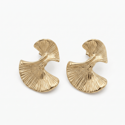 Canyon earrings, a pair of gold-toned, is fan-shaped stud earrings with a textured, ribbed surface.