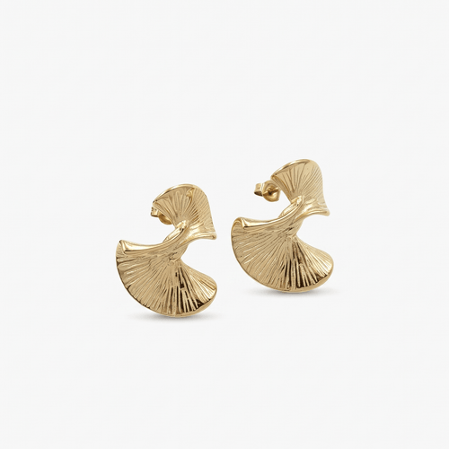 Canyon earrings, a pair of gold-toned, is fan-shaped stud earrings with a textured, ribbed surface.